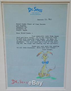 Stunning Framed Signed Original Drawing Dr. Seuss W. Letter & Provenance & Coa